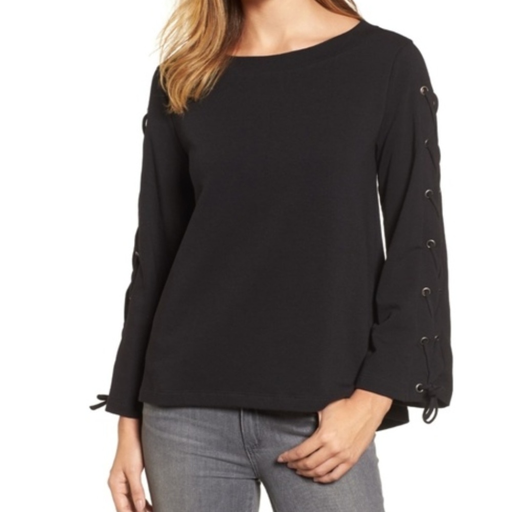 Halogen Black Wide Neck Lace Up Sleeve Top EUC sz L